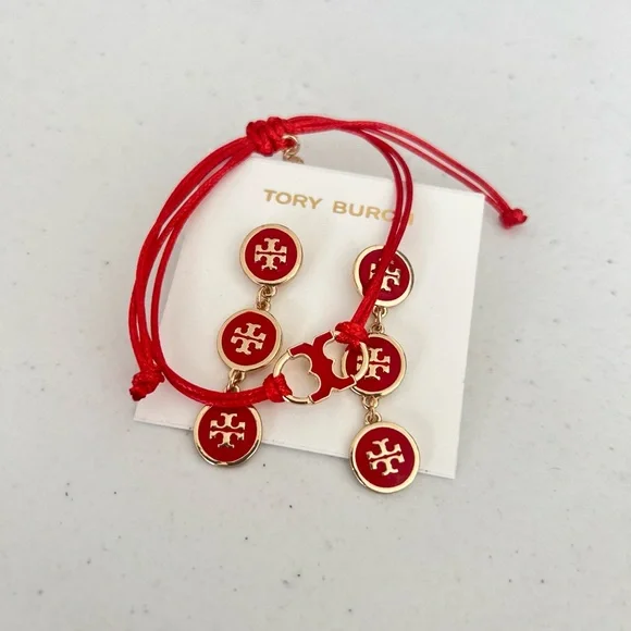 Tory Burch Gold-Tone Red Enamel Triple Drop Logo Earrings - Picture 10 of 13